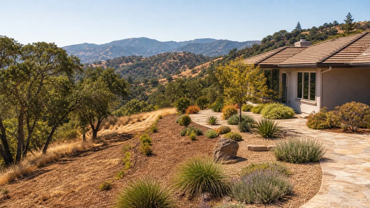 South Bay foothill home with defensible space and trimmed vegetation.